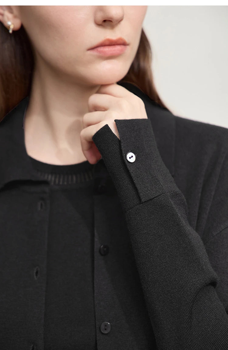 Damen-Strickjacke lang Seide-Wolle Umlegekragen locker Herbst