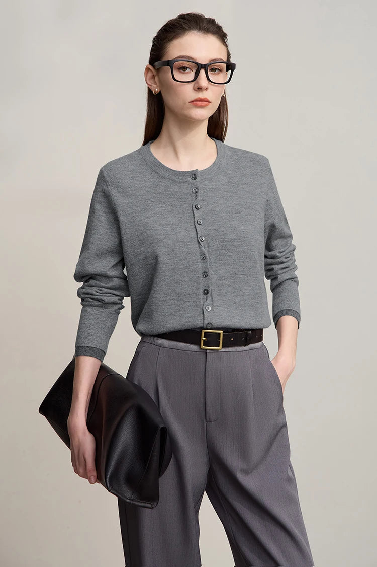 Damen-Rundhalspullover Strickjacke einfarbig einreihig Herbst-Winter