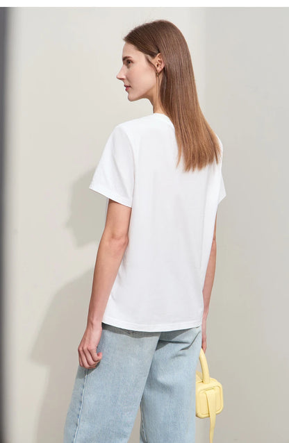 Damen T-Shirts im lässigen Minimalismus-Stil mit O-Ausschnitt und Stickerei