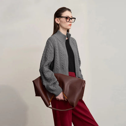 Damen-Rollkragen-Strickjacke Reißverschluss schlank Herbst