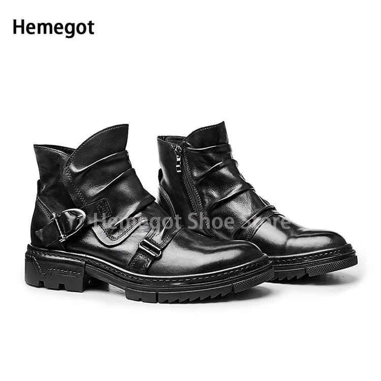 Herren-Motorradstiefel mit Schnallenriemen, hoher Schaft, schwarzes Glattleder, Profilsohle