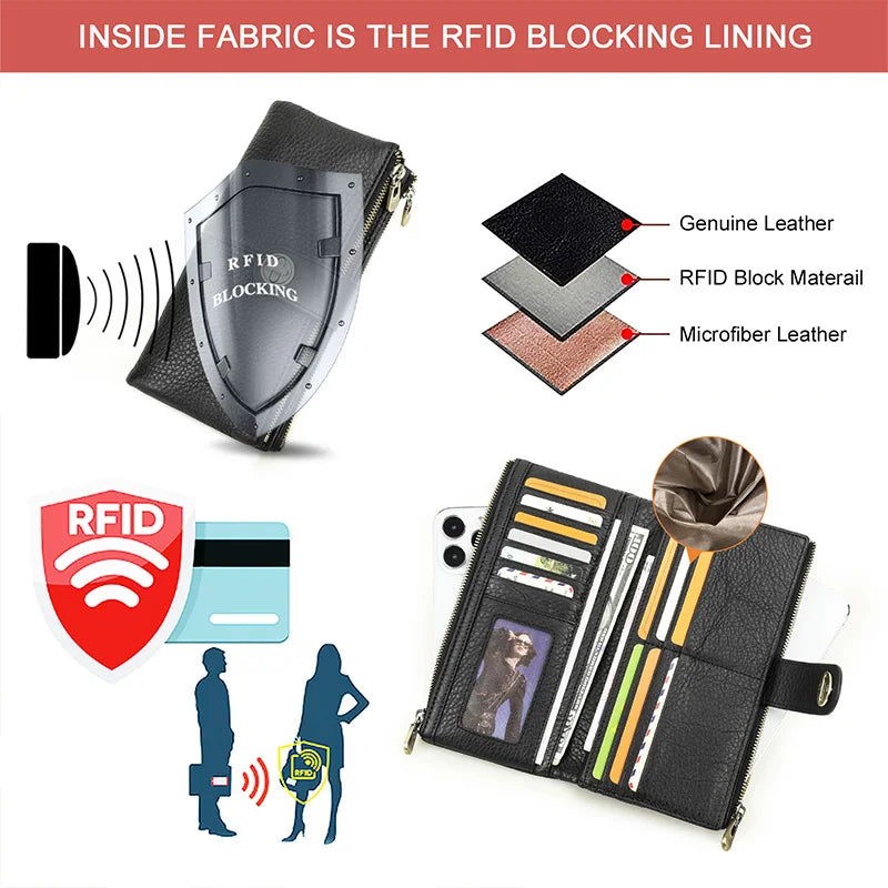 Damen Echtleder Lange Geldbörse Vintage RFID Clutch Portemonnaie Kartenhalter Reise