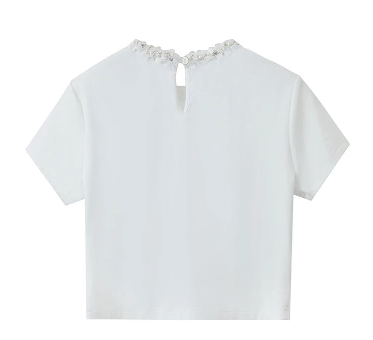 Damen Kurz-T-Shirt im minimalistischen Stil mit elastischen Perlen und Pailletten-Dekoration