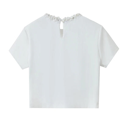 Damen Kurz-T-Shirt im minimalistischen Stil mit elastischen Perlen und Pailletten-Dekoration