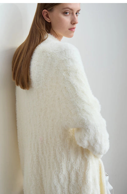 Damen-Strickjacke lang Nerz-Imitat Pile-Kragen locker warm Winter