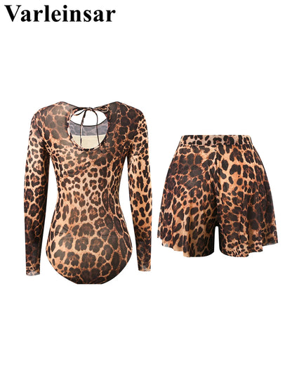 Damen-Badeanzug Leopard Langarm Shorts Set gepolstert einteilig