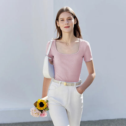 Damen Tops und T-Shirts im minimalistischen Stil mit quadratischem Kragen
