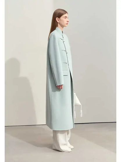 Damen Langer Mantel aus Wolle im minimalistischen chinesischen Stil mit Taschen