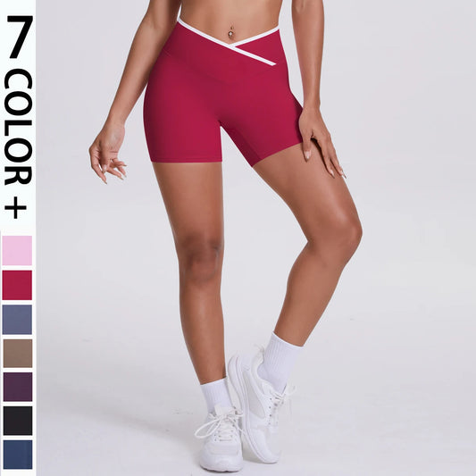 Damen-Yoga-Shorts, hochtailliert, rot, enganliegend mit weißem Zierband an den Seiten
