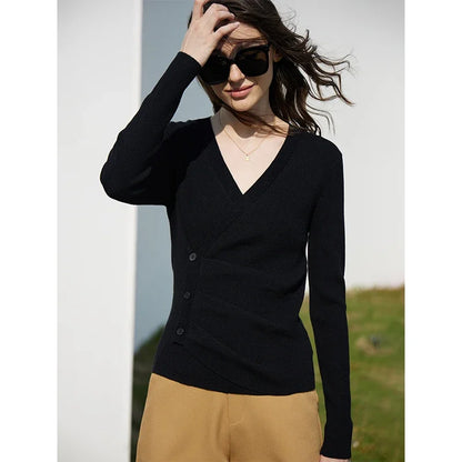 Damen V-Ausschnitt Pullover Kaschmir Slim Shirring Büro Frühling