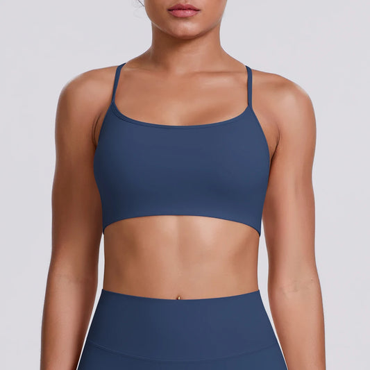 Navyfarbenes Sport-Crop-Top mit schmalen Trägern, runder Ausschnitt, eng anliegend