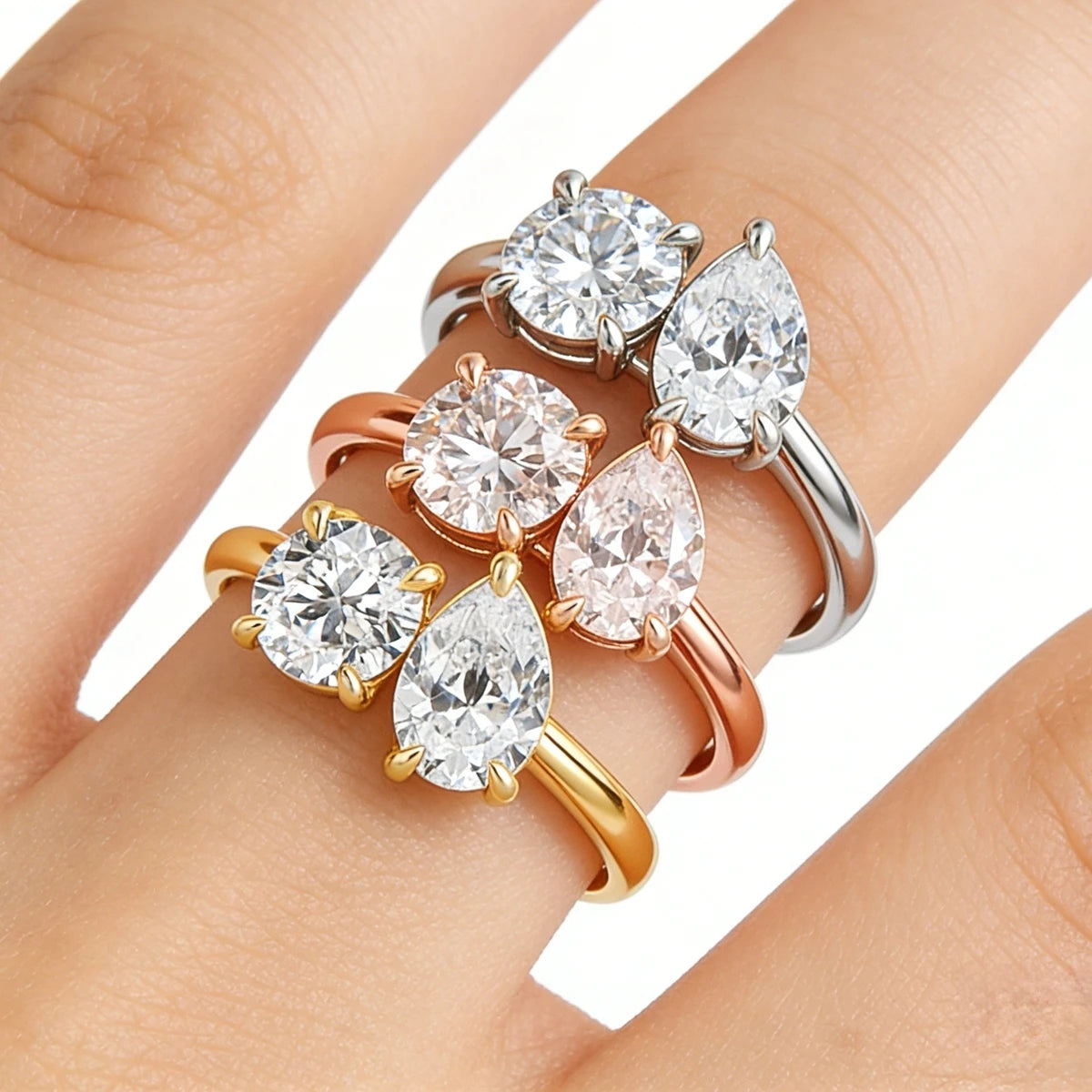 Damen-Verlobungsring mit zwei Moissanit-Steinen aus Silber 925 und 18K-Goldplattierung