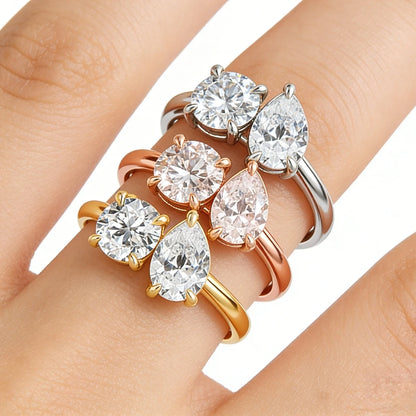 Damen-Verlobungsring mit zwei Moissanit-Steinen aus Silber 925 und 18K-Goldplattierung