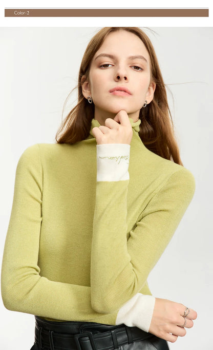 Damen-Rollkragenpullover Wolle Slim Patchwork-Splicing Herbst-Winter