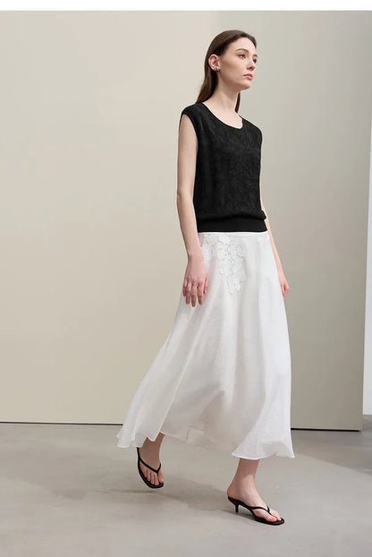 Damen-Rundhalspullover ärmellos Jacquard locker kurz Viskose Sommer