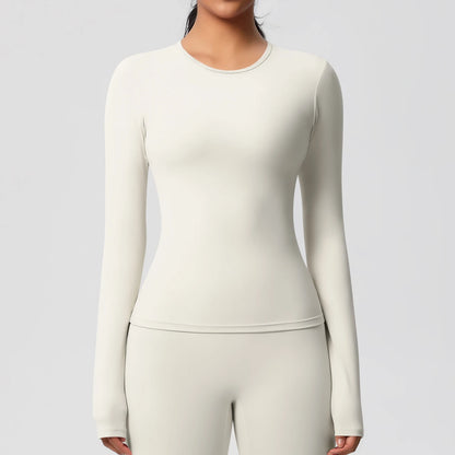 Damen-Langarm-Workout-Top, hellbeige/ivory, eng anliegend, Rundhals, schmale Passform