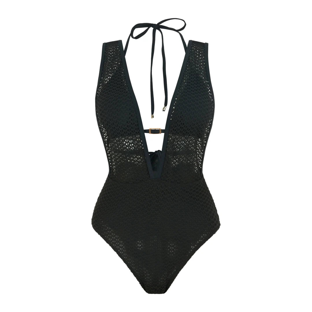 Damen-Badeanzug V-Ausschnitt Netzstrick rückenfrei Monokini Weste