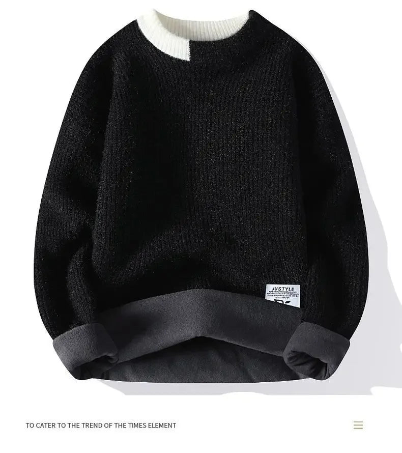 Dicker Herren-Pullover mit Rundhalsausschnitt und Patchwork-Design – Lockerer, elastischer Langarm für Herbst und Winter