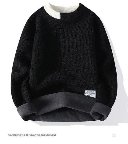 Dicker Herren-Pullover mit Rundhalsausschnitt und Patchwork-Design – Lockerer, elastischer Langarm für Herbst und Winter