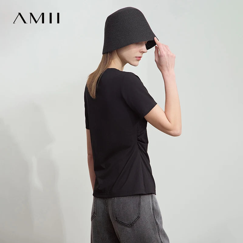 Damen T-Shirt mit Rundhalsausschnitt und gebrochenen Falten aus Modal-Baumwolle