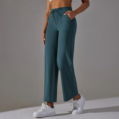 Damen-Leggings mit weitem Bein, hoher Taille und Taschen, petrolblau (Whale Blue)