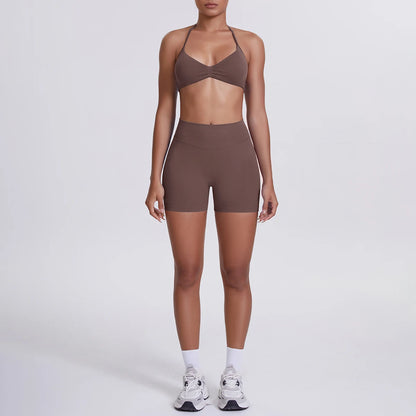 Nahtloses Yogaset für Frauen in kaffee: High-Waist Shorts & Sport-BH