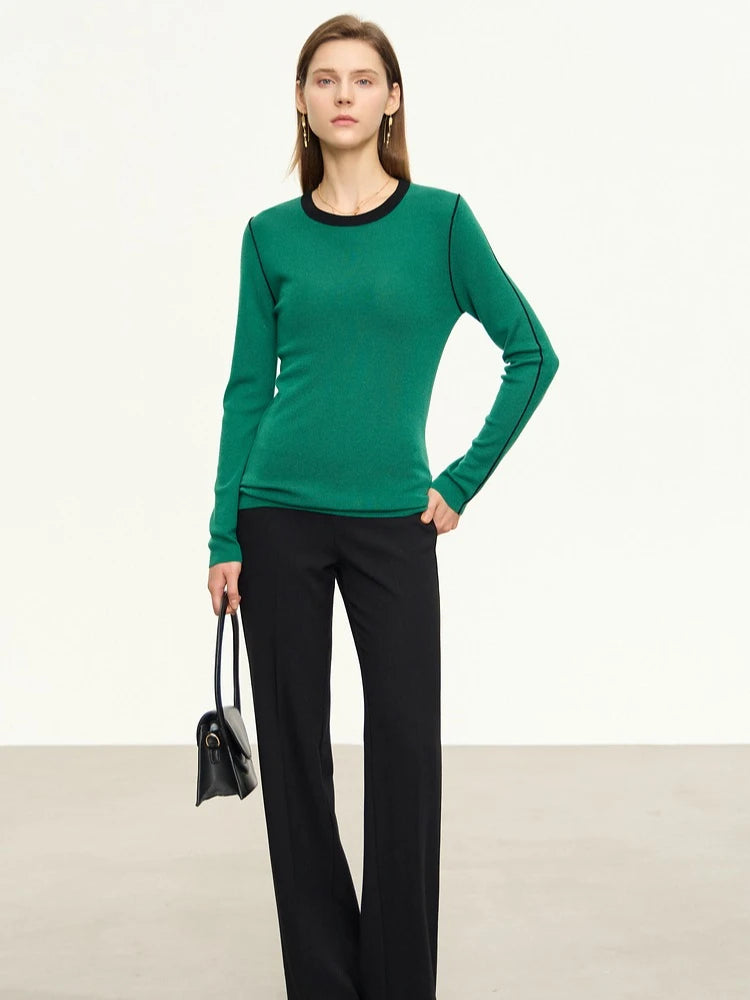 Damen-Rundhalspullover Patchwork Slim Wolle-Mix Herbst-Winter