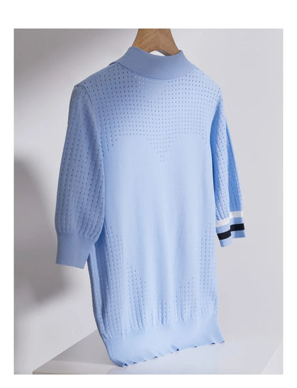 Damen Pullover im Minimalismus-Stil mit Polo-Ausschnitt und Kontrastfarben
