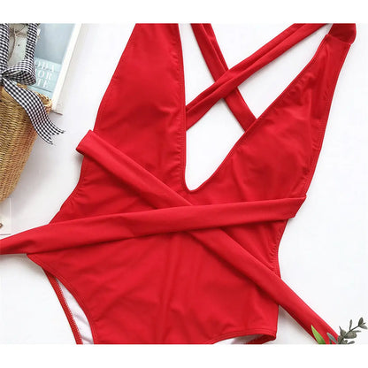 Damen-Badeanzug tiefer V-Ausschnitt Wickel Verband rückenfrei Monokini