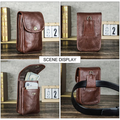 Braune Gürteltasche mit Klappdeckel, geöffnetem Innenfach und breitem Trageriemen