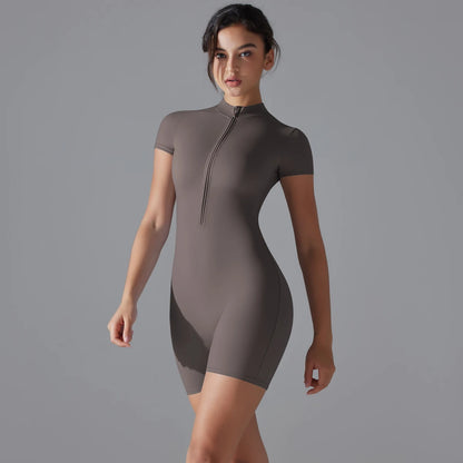 Damen-Yoga-Bodysuit, kurzarm, Halber Reißverschluss, einfarbig, dunkelgrau