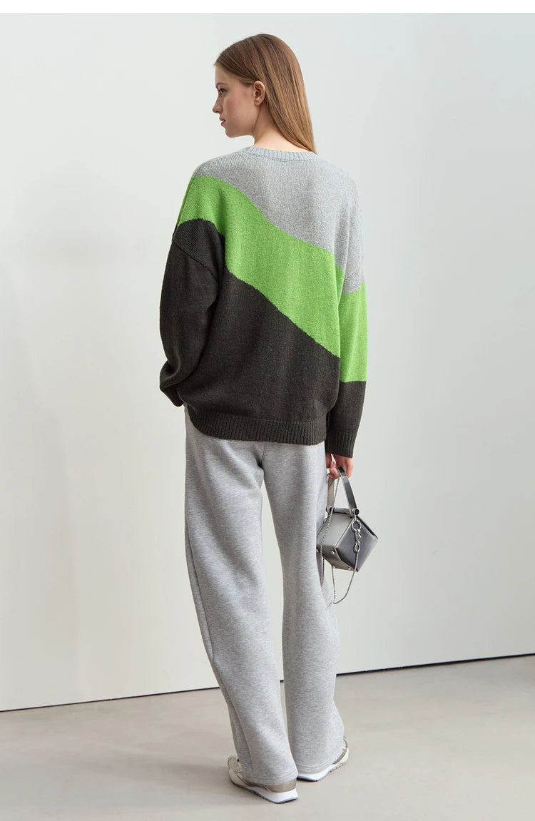 Damenpullover mit Rundhalsausschnitt, Colorblock aus grau, grün und dunkel (schwarz), lange Ärmel