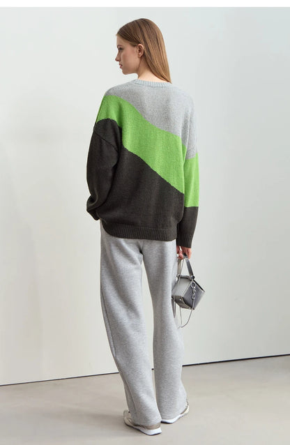 Damenpullover mit Rundhalsausschnitt, Colorblock aus grau, grün und dunkel (schwarz), lange Ärmel