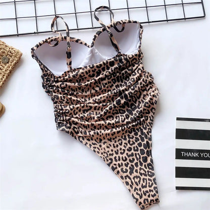 Damen Badeanzug Leopard Push-Up BH-Cup Bandeau hoher Beinausschnitt