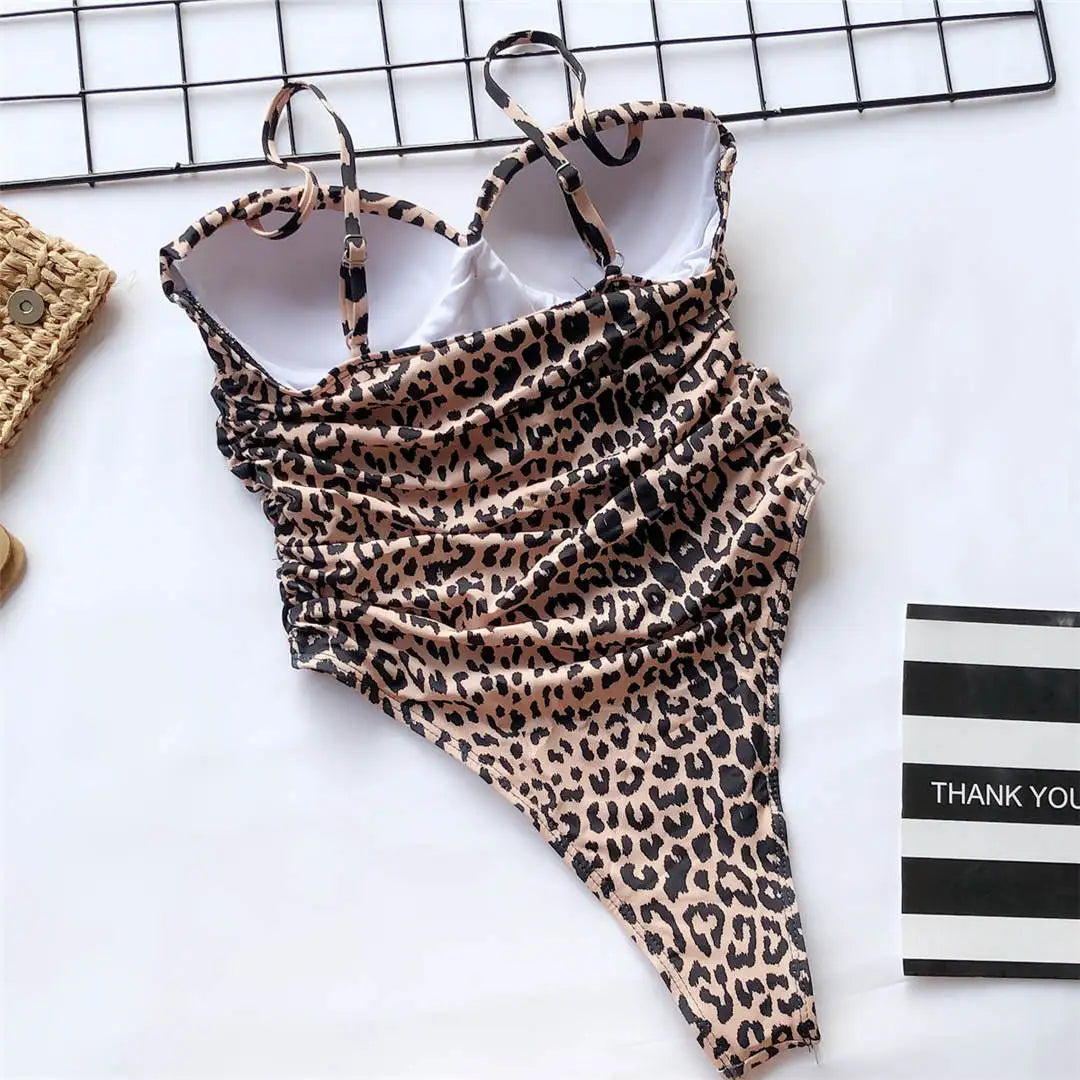 Damen-Badeanzug Leopard Push-Up Bandeau High-Cut gepolstert