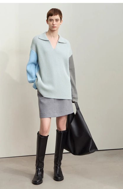 Damen V-Ausschnitt Pullover Patchwork Raglan locker Herbst-Winter