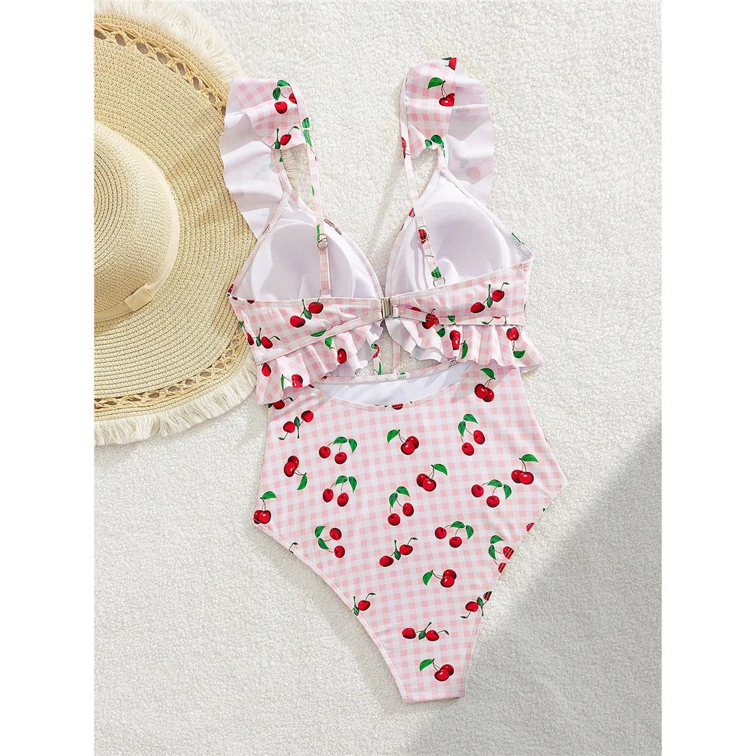 Damen Badeanzug Kirschen Karo Cut-Out Rüschen hoher Beinausschnitt Monokini