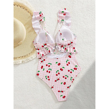Damen Badeanzug Kirschen Karo Cut-Out Rüschen hoher Beinausschnitt Monokini