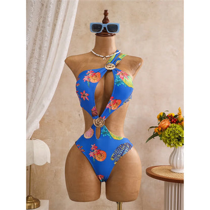 Damen Badeanzug Blumendruck One-Shoulder asymmetrisch Cut-Out Monokini gepolstert