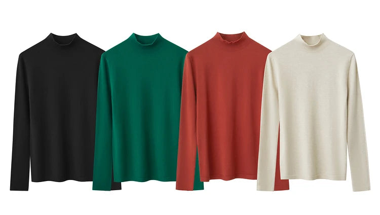 AMII Damenpullover mit Stehkragen, langarm, einfarbig: schwarz, grün, rot, creme (Set)