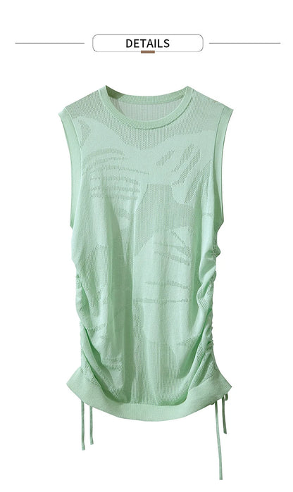 Ärmelloses Stricktop mit O-Ausschnitt, mintgrün, feine Struktur, seitliche Bindebänder