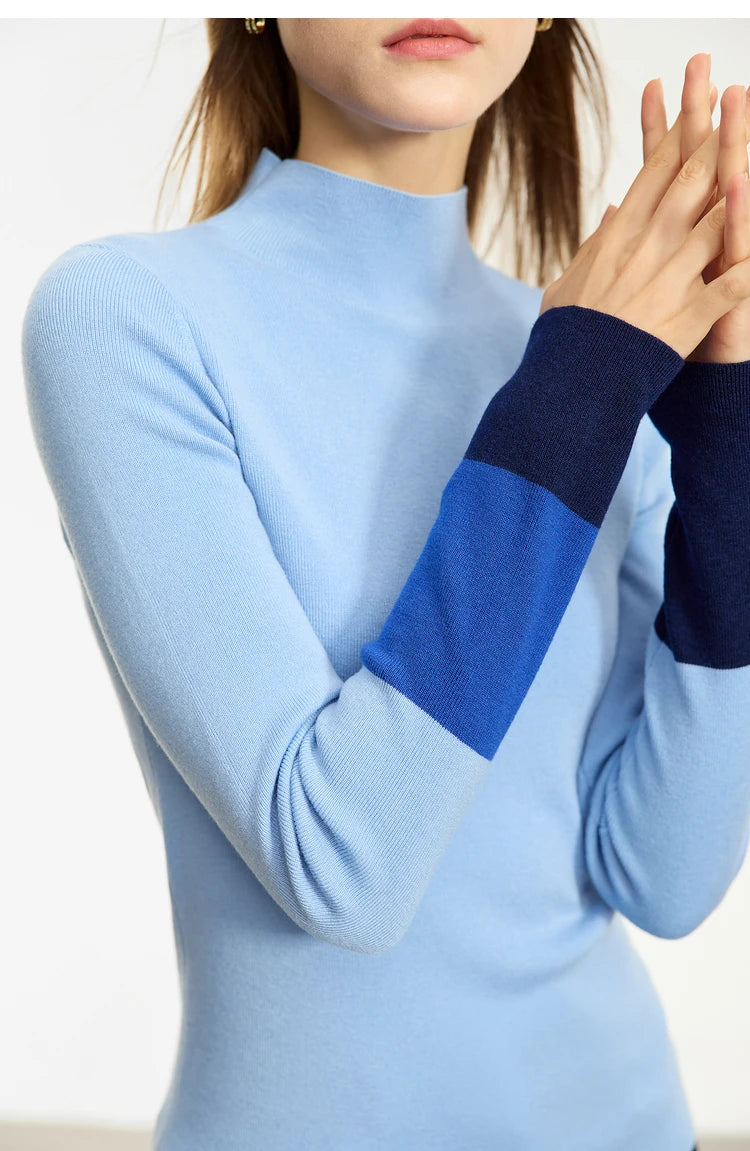 Damen-Halbrollkragen-Pullover Slim Farbkontrast Wolle-Mix Winter