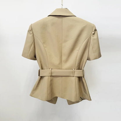 Damen-Blazer Kurzarm Gürtel lässig V-Ausschnitt Einknopf