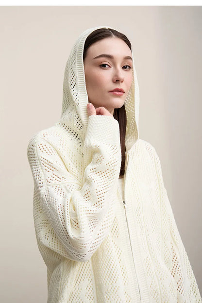 Damen-Strickjacke Kapuze Jacquard Hohlstrick Doppelreißverschluss locker Frühling