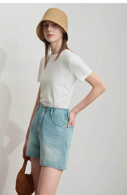 Damen T-Shirt mit Rundhalsausschnitt und gebrochenen Falten aus Modal-Baumwolle