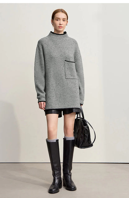 Damen-Rollkragenpullover Wolle dick locker lang Winter