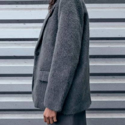 Elegante Damenjacke mit Reverskragen und langen Ärmeln – luxuriöses Patchwork-Design mit Taschen