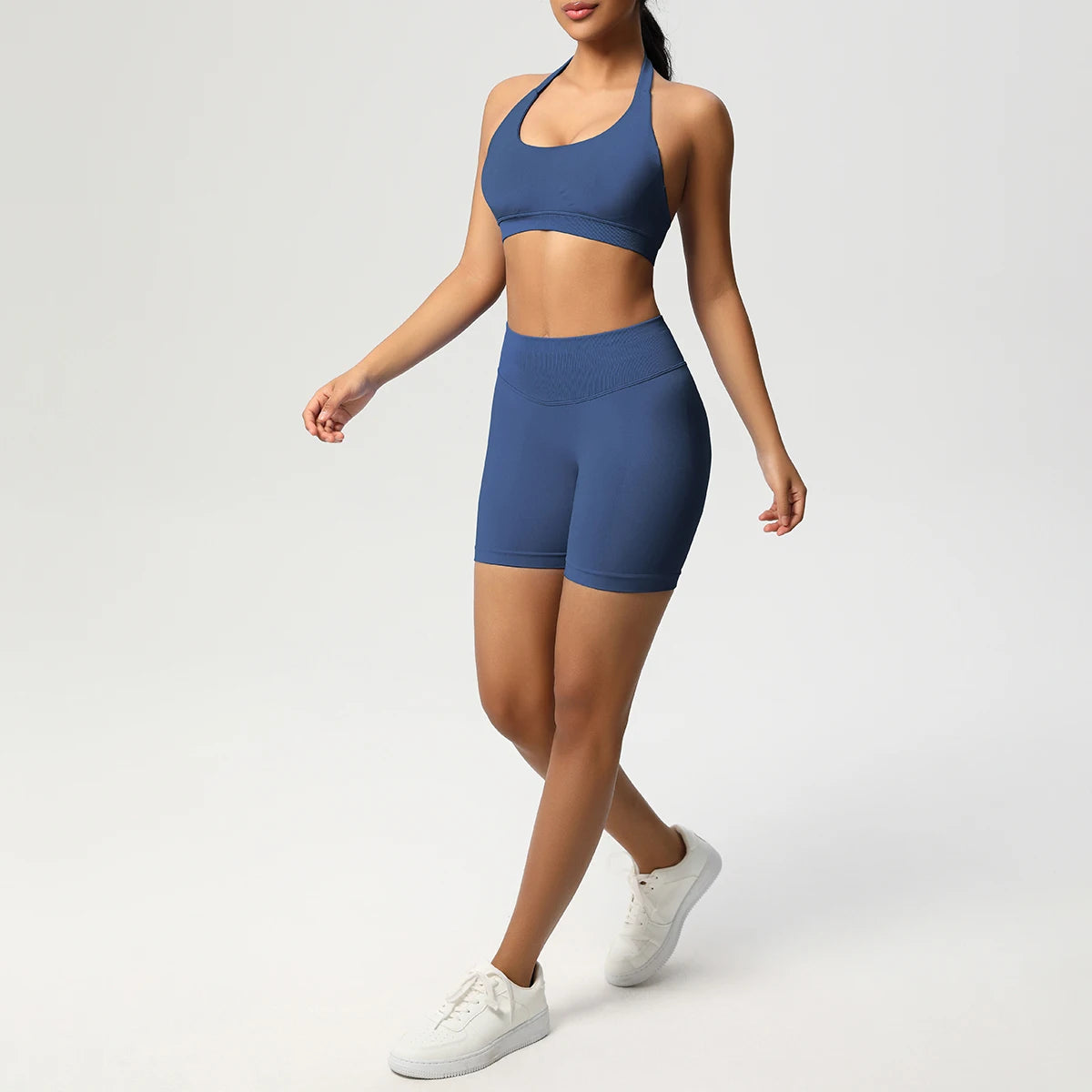 Nahtloses Fitnessset für Damen: Sport-BH und Laufshorts in Dunkelblau, Set