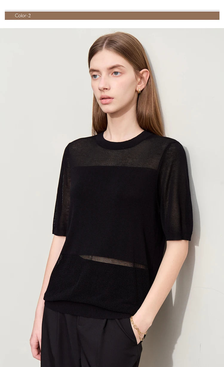 Schwarzer Damen-Strickpullover mit O-Ausschnitt, kurzarm, transparente horizontale Einsätze