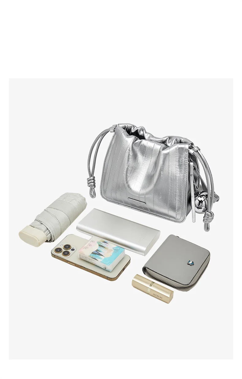Damen Schultertasche Aus Synthetischem Leder+Split-Leder Mit Kordelzug